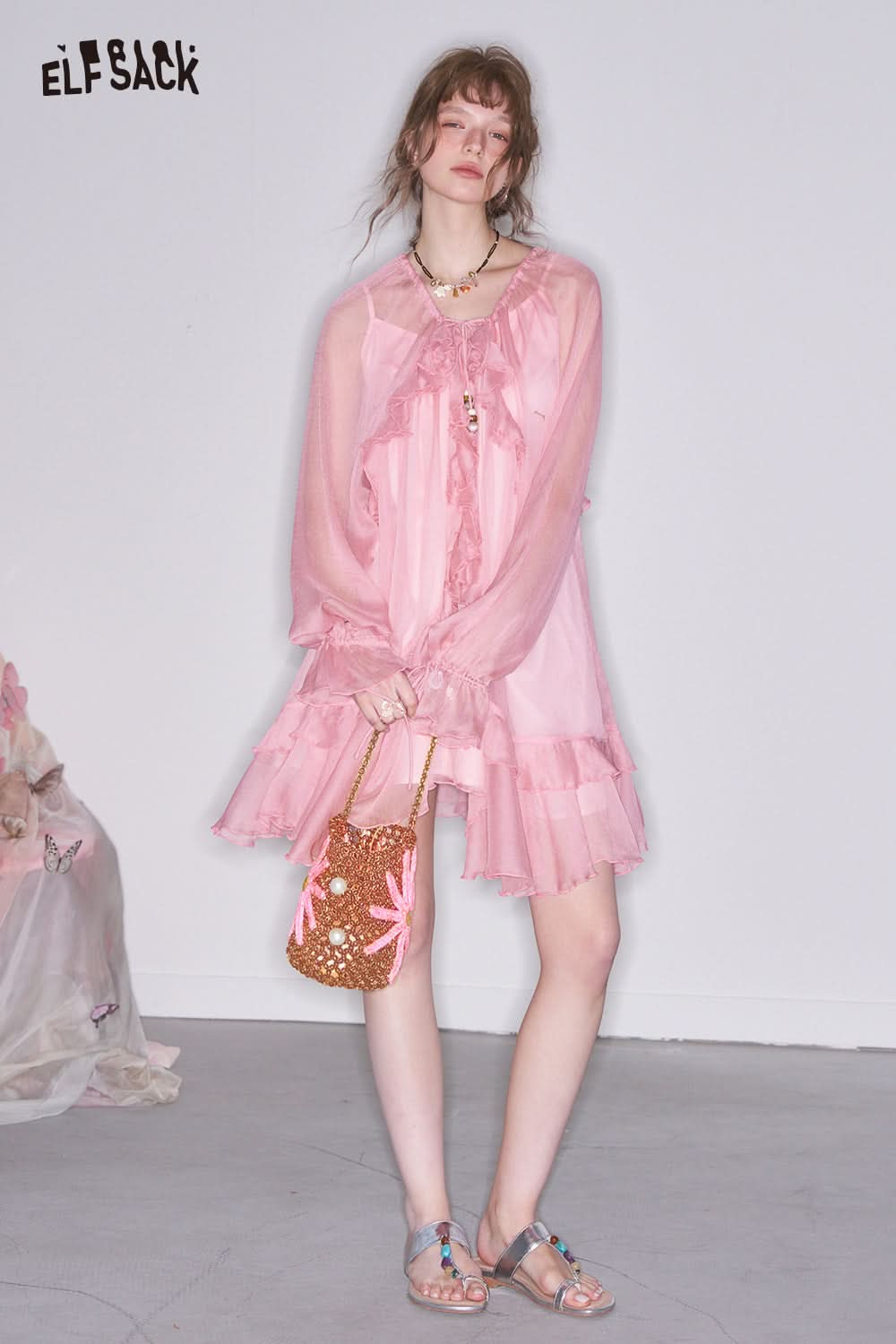 ELFSACK Y2K Ruffle Pink Thin Dress Suspenders Two-piece Set Female