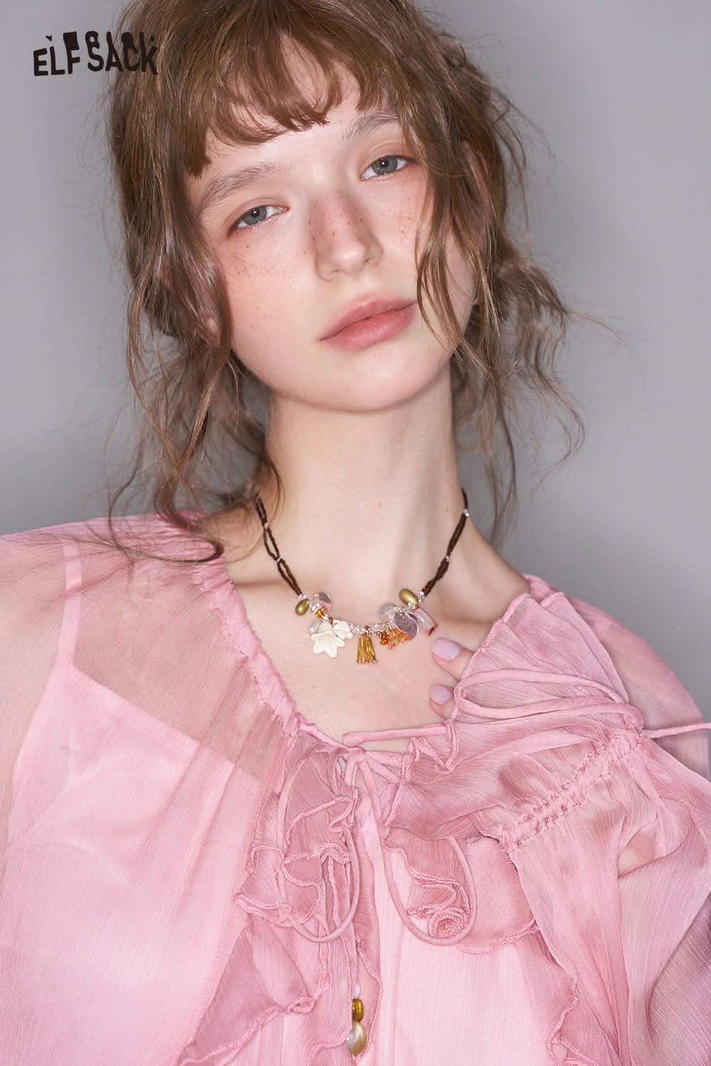 ELFSACK Y2K Ruffle Pink Thin Dress Suspenders Two-piece Set Female