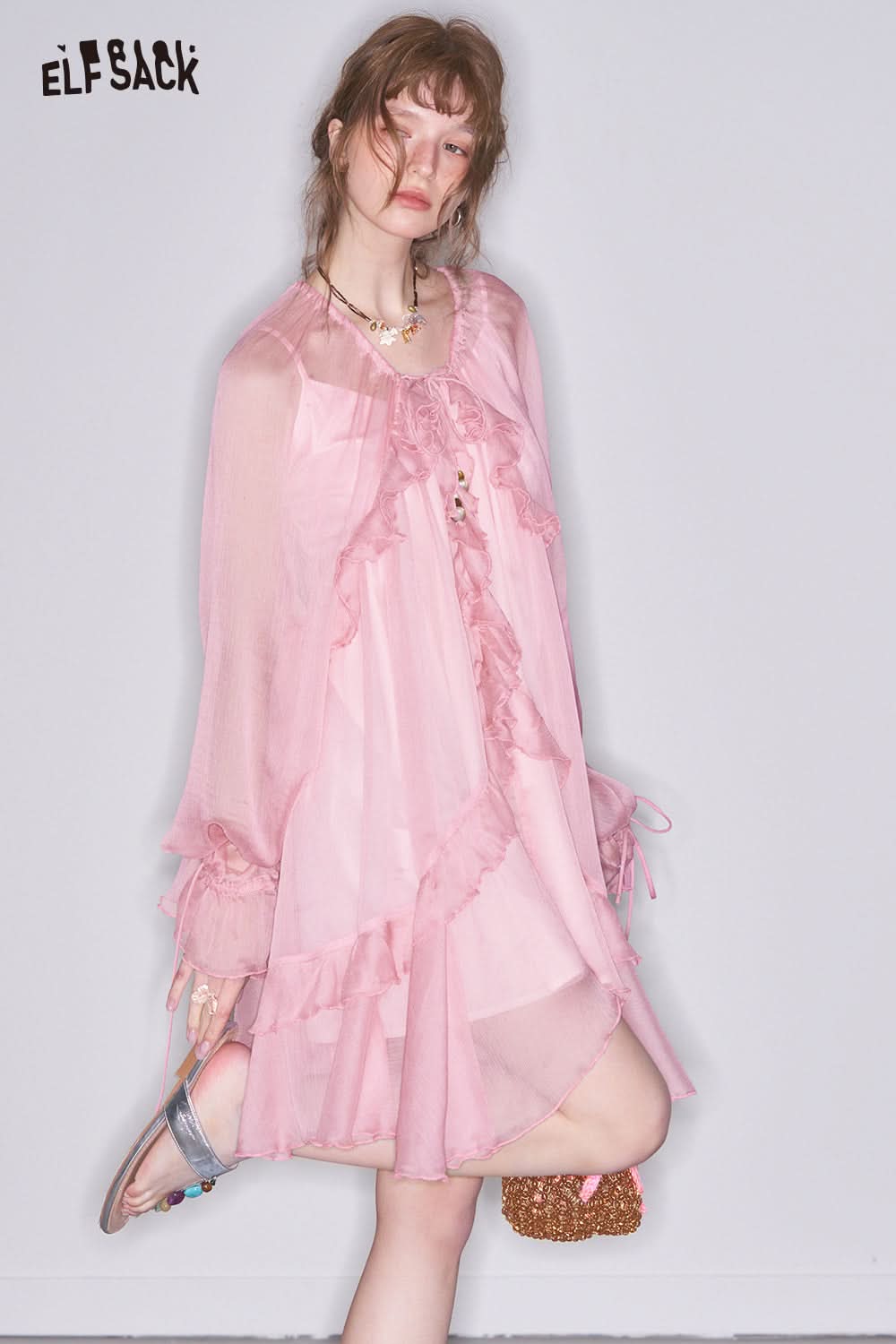 ELFSACK Y2K Ruffle Pink Thin Dress Suspenders Two-piece Set Female