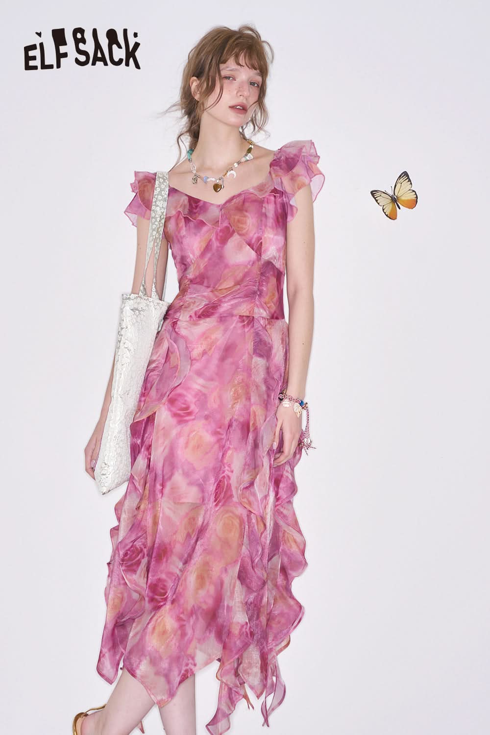 ELFSACK Irregular floral waist cinching vacation dress