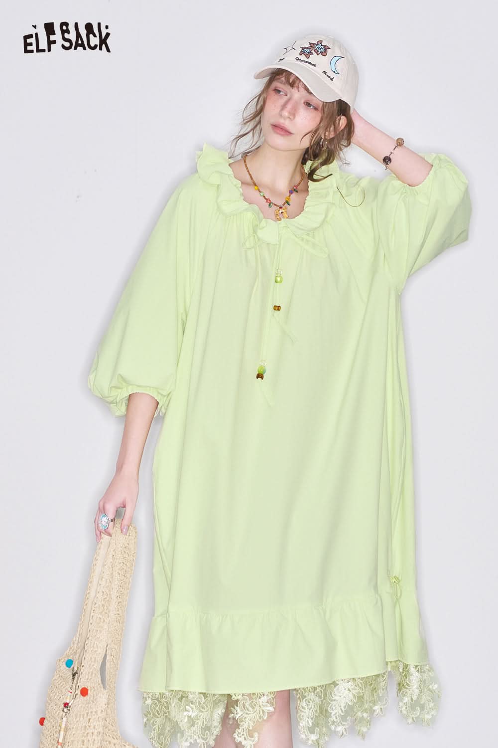 ELFSACK Y2K Sweet Lace Stitching Dress Women Lantern Sleeve Oversize Dress