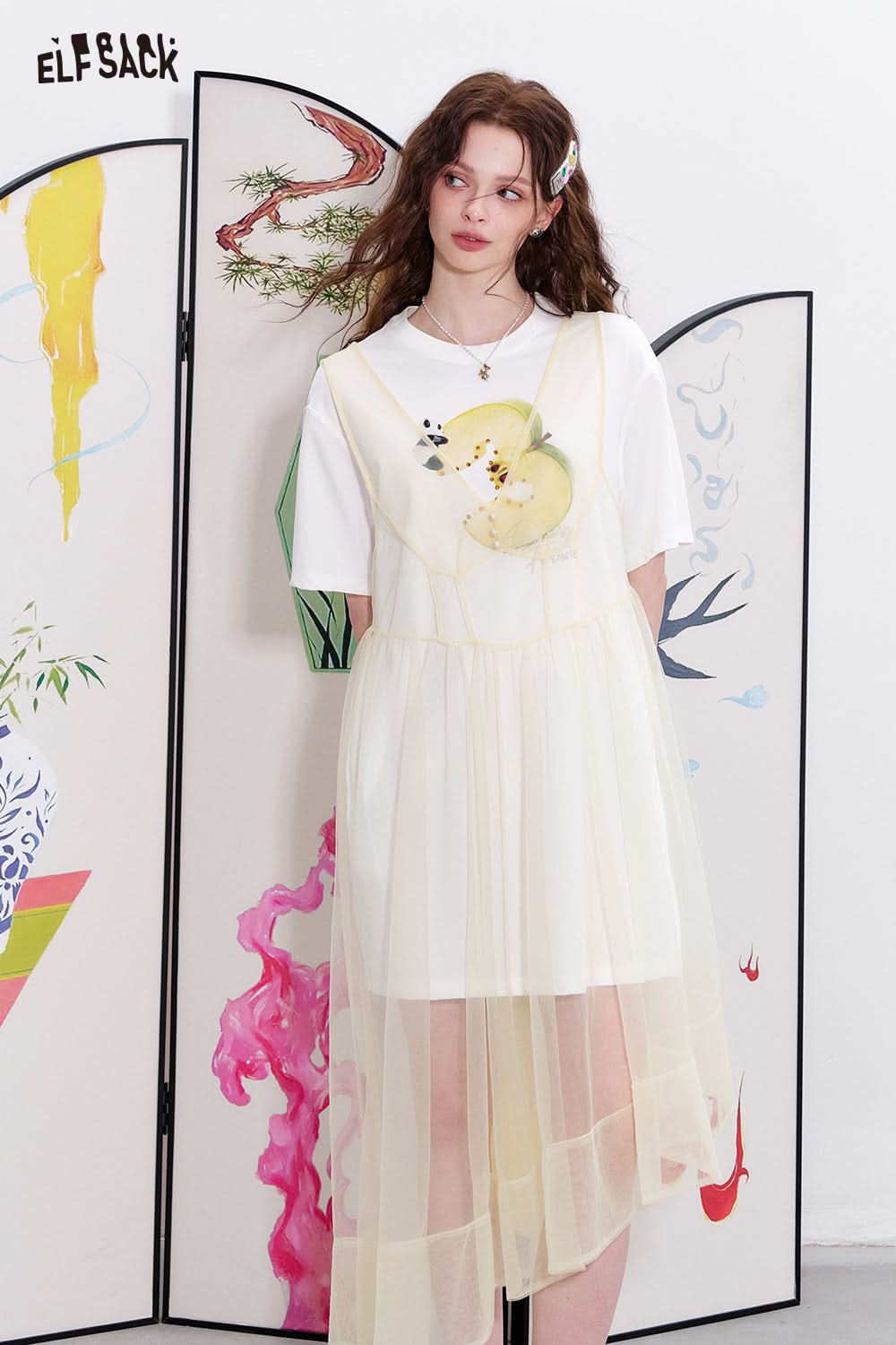 ELFSACK Mesh splicing loose T-shirt loose dress