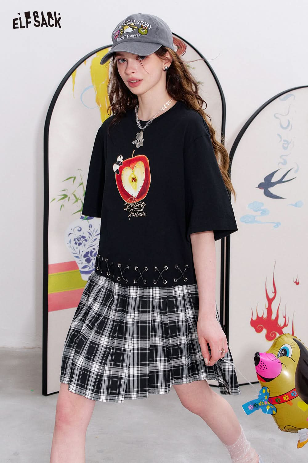 ELFSACK Checkered patchwork printed t-shirt dress