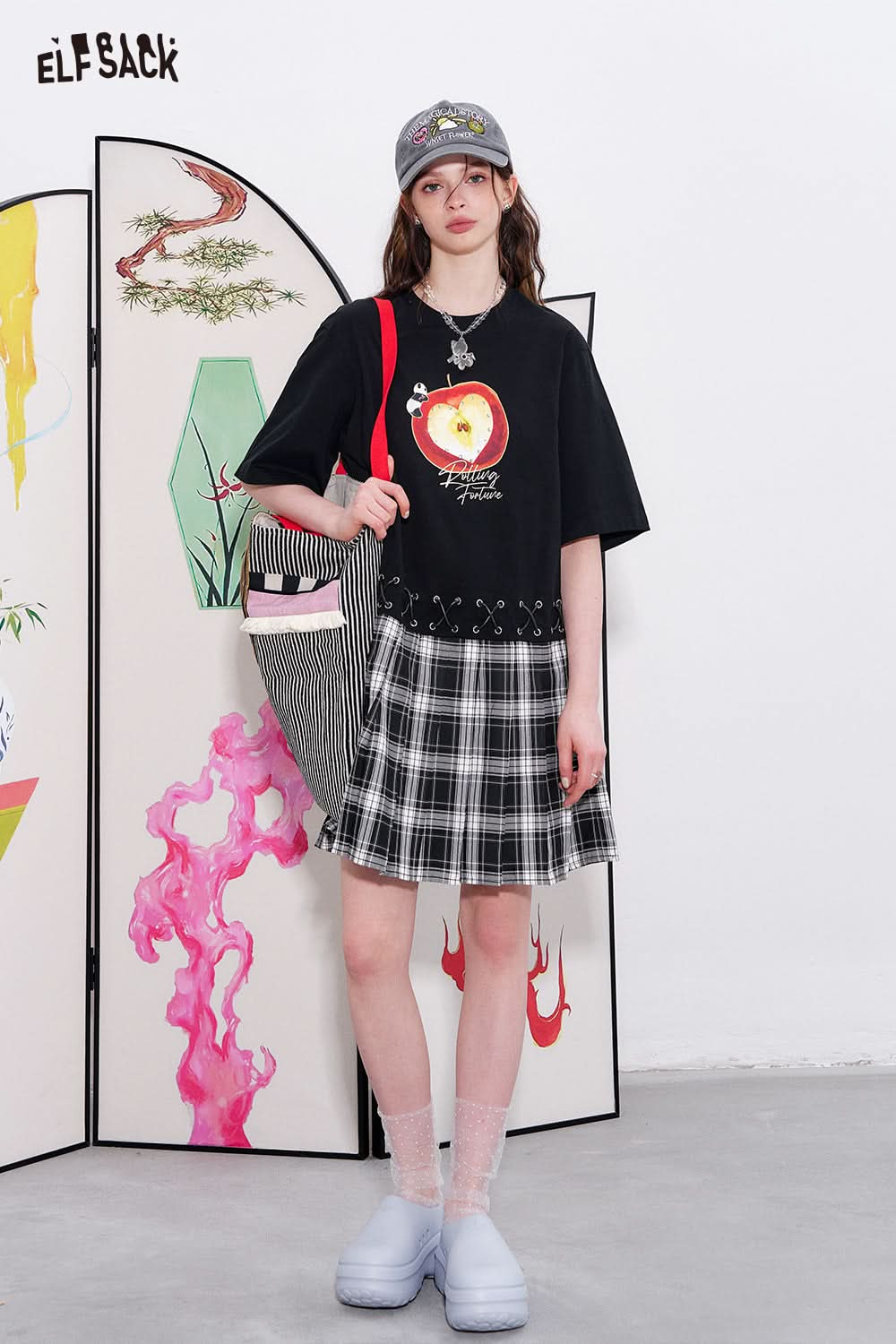 ELFSACK Checkered patchwork printed t-shirt dress