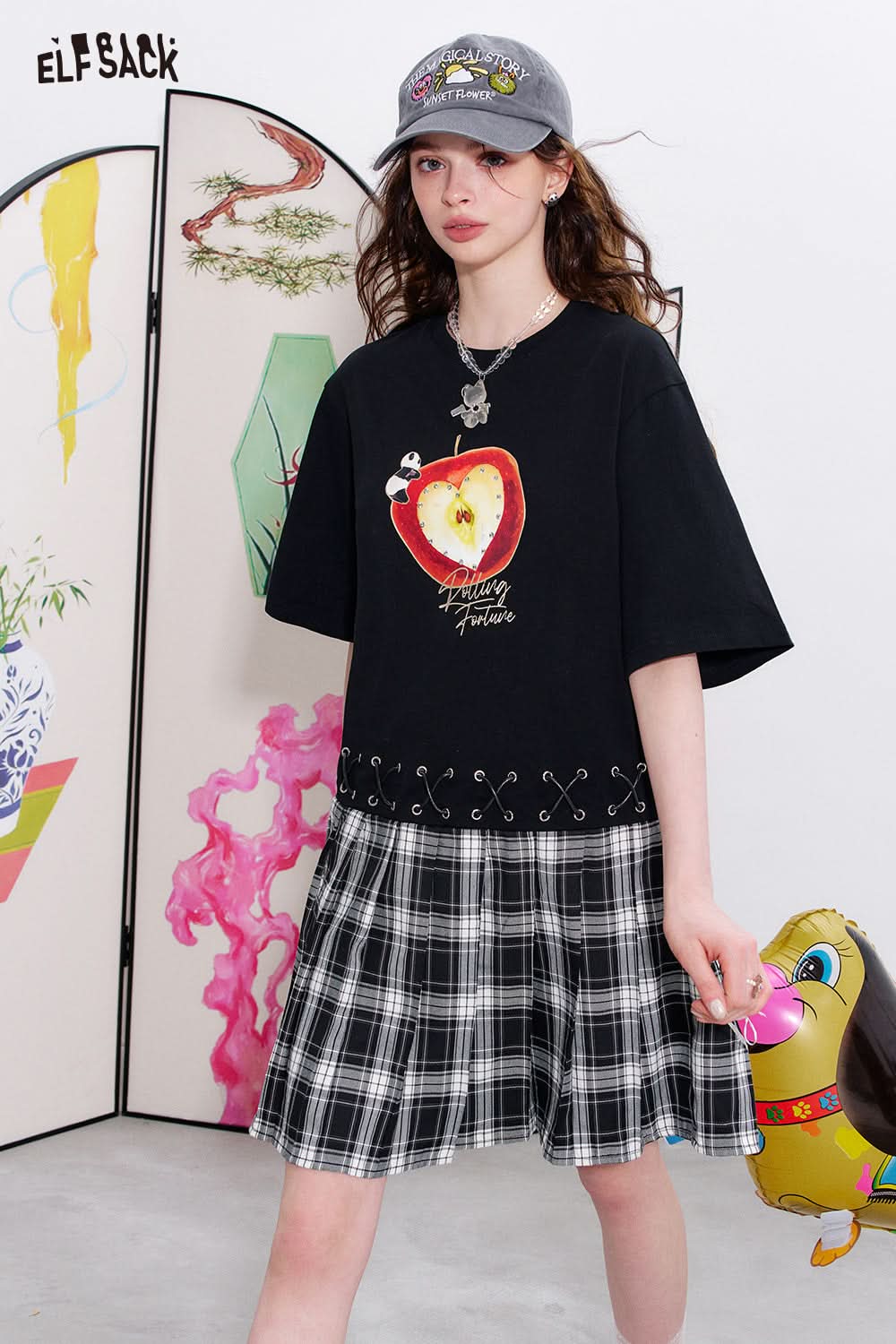 ELFSACK Checkered patchwork printed t-shirt dress