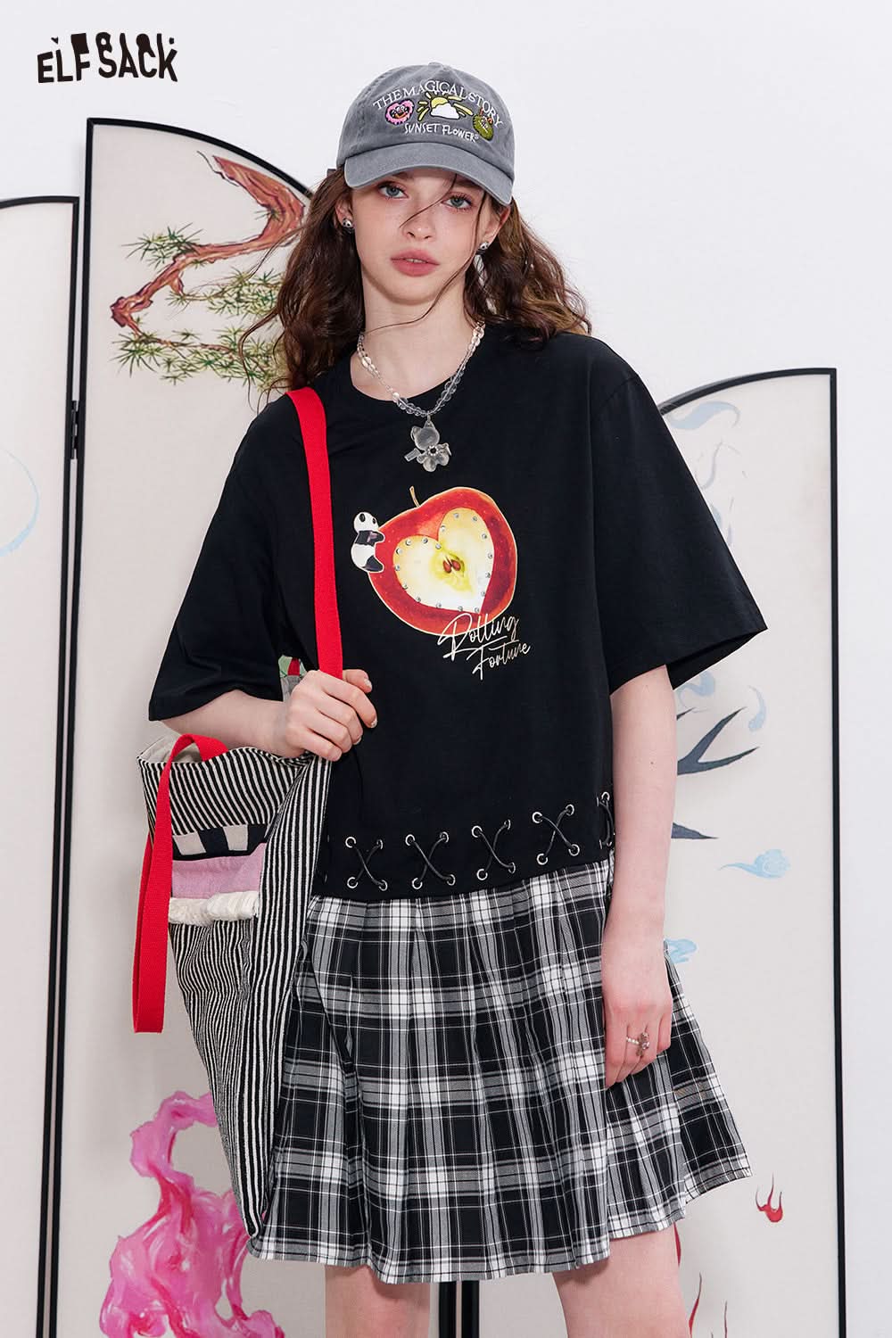 ELFSACK Checkered patchwork printed t-shirt dress