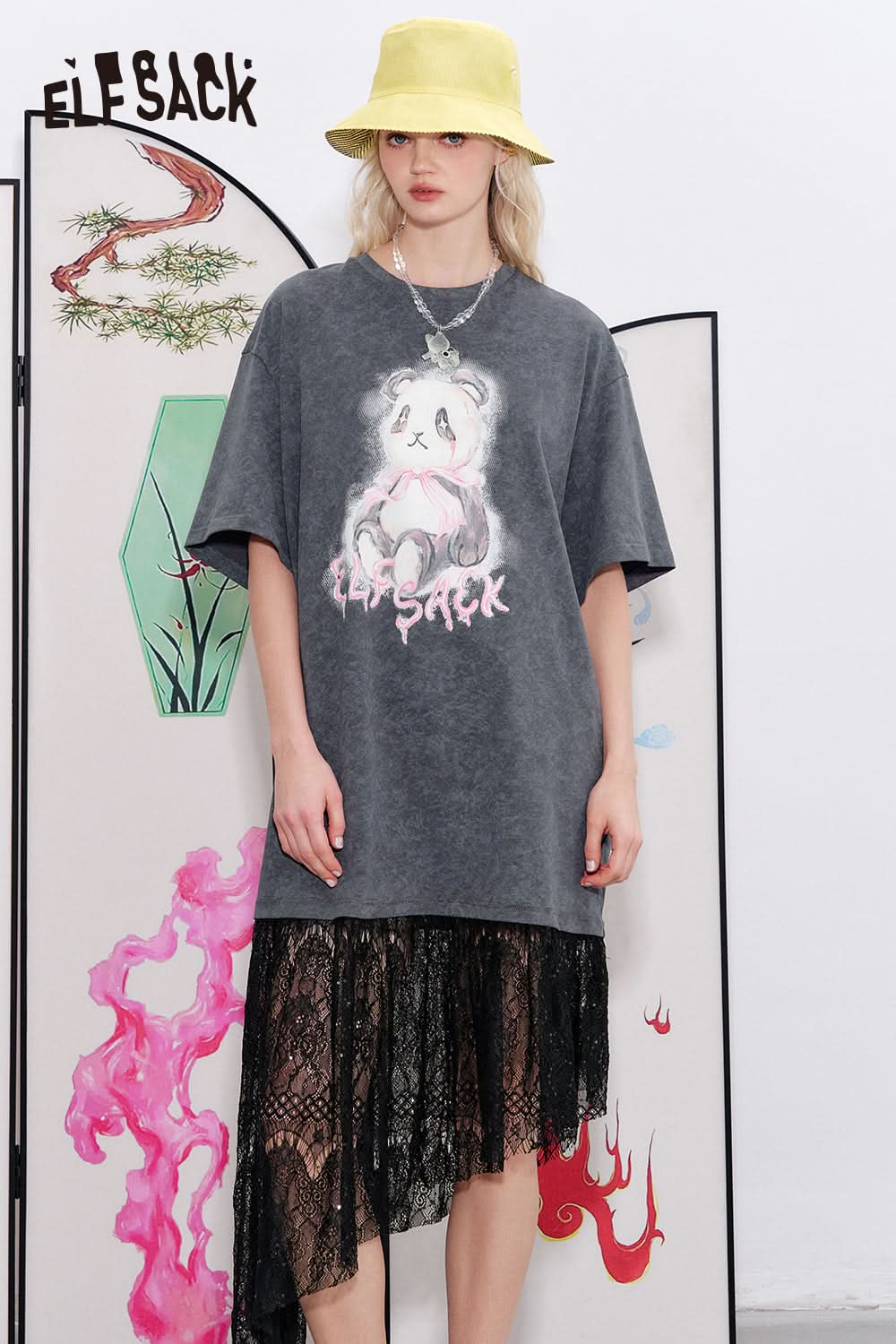 ELFSACK Lace patchwork printed loose T-shirt dress