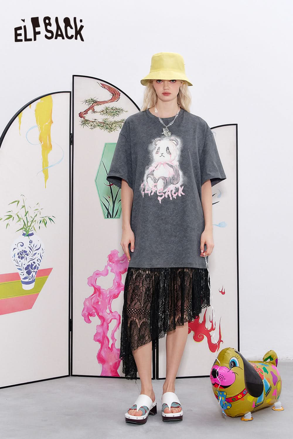 ELFSACK Lace patchwork printed loose T-shirt dress