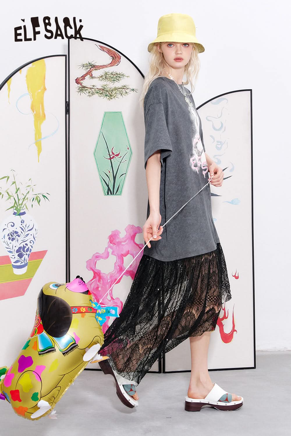 ELFSACK Lace patchwork printed loose T-shirt dress