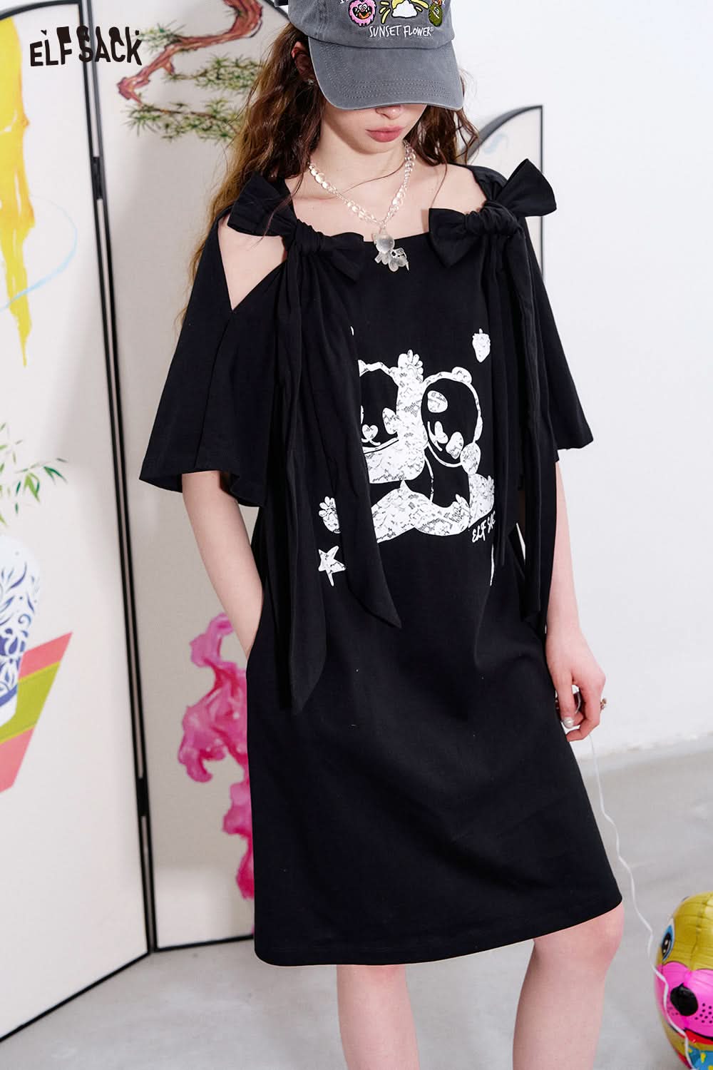 ELFSACK Black bow print t-shirt dress