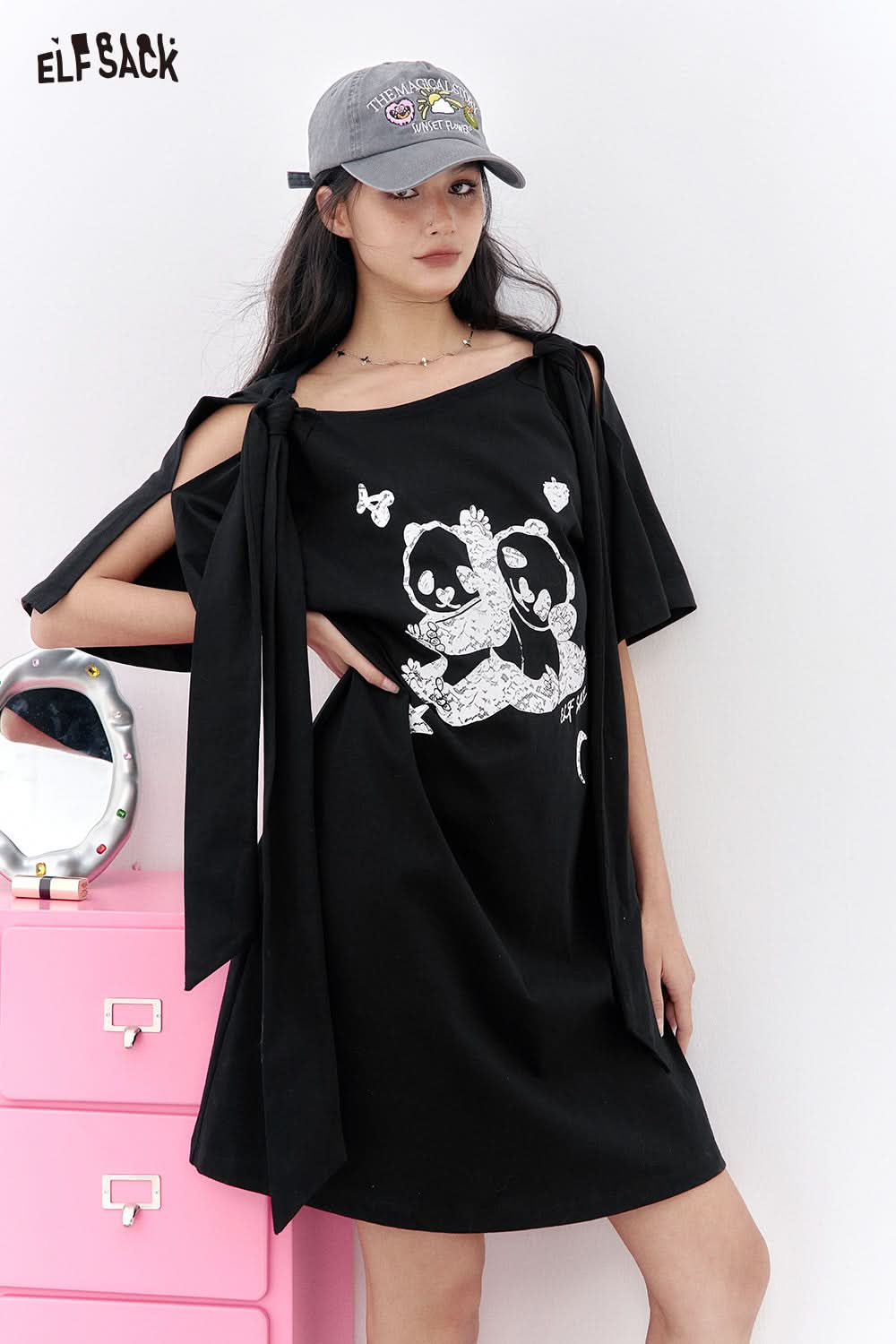 ELFSACK Black bow print t-shirt dress
