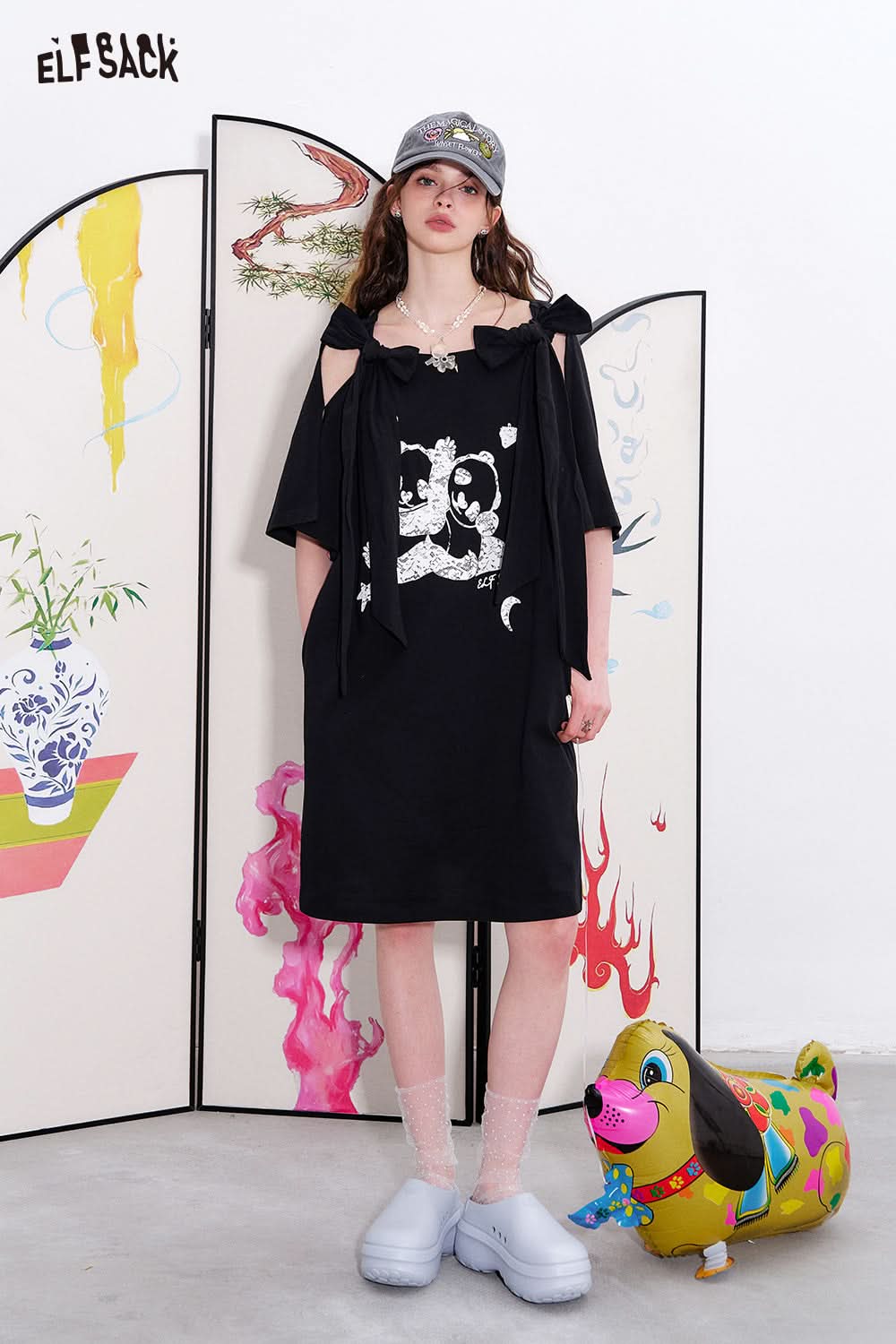 ELFSACK Black bow print t-shirt dress