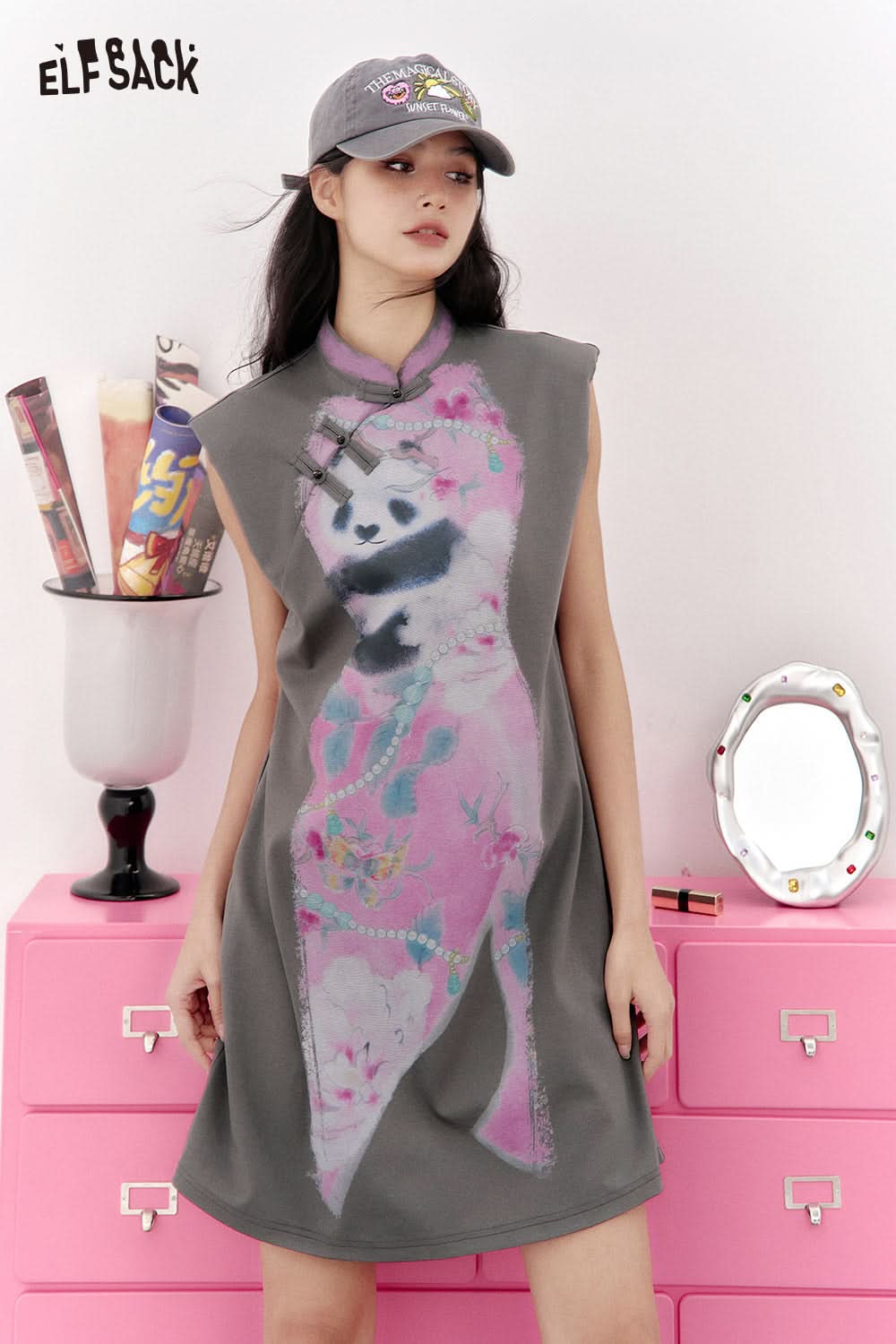 ELFSACK Chinese style printed cheongsam dress with Chinese style and temperament