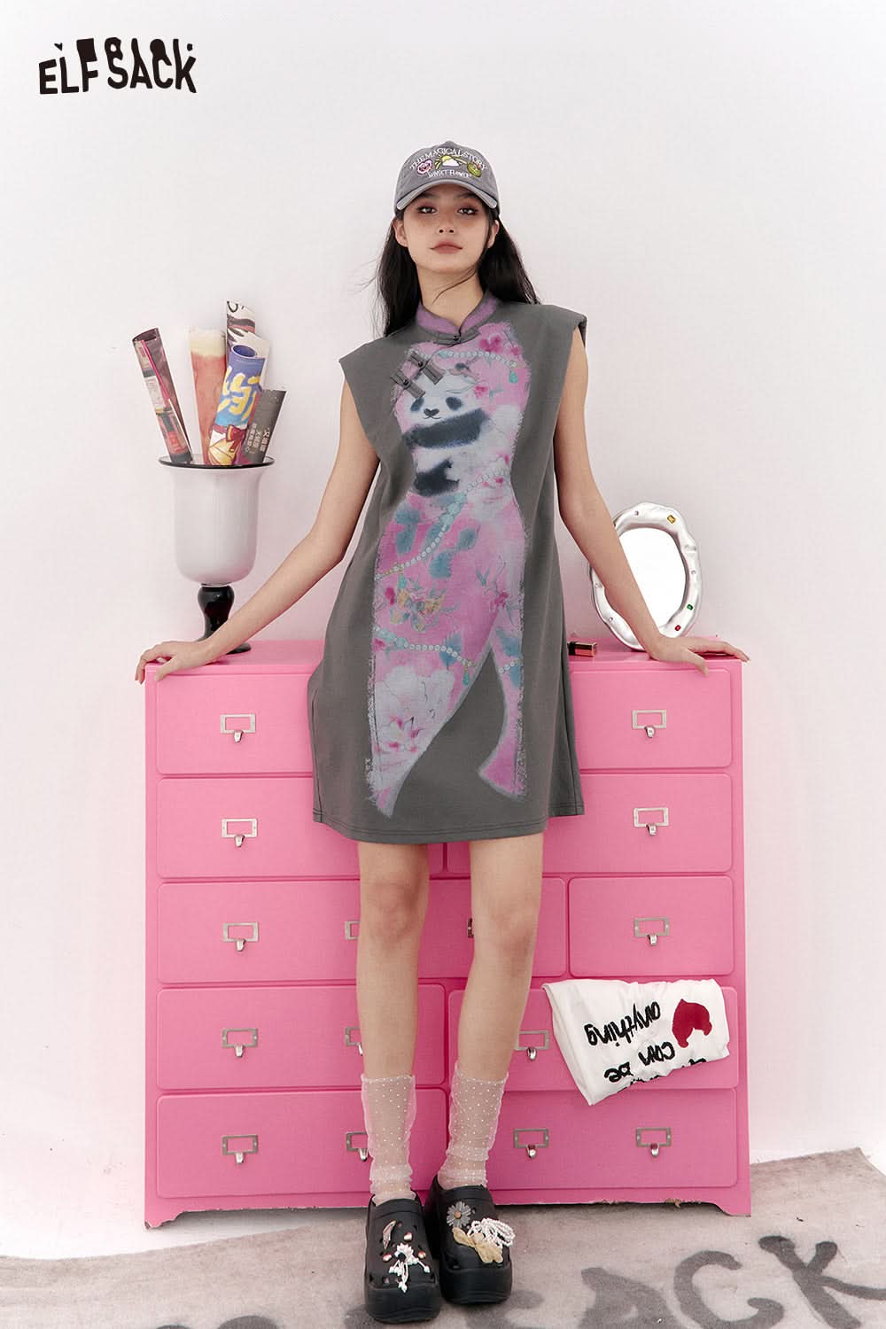 ELFSACK Chinese style printed cheongsam dress with Chinese style and temperament