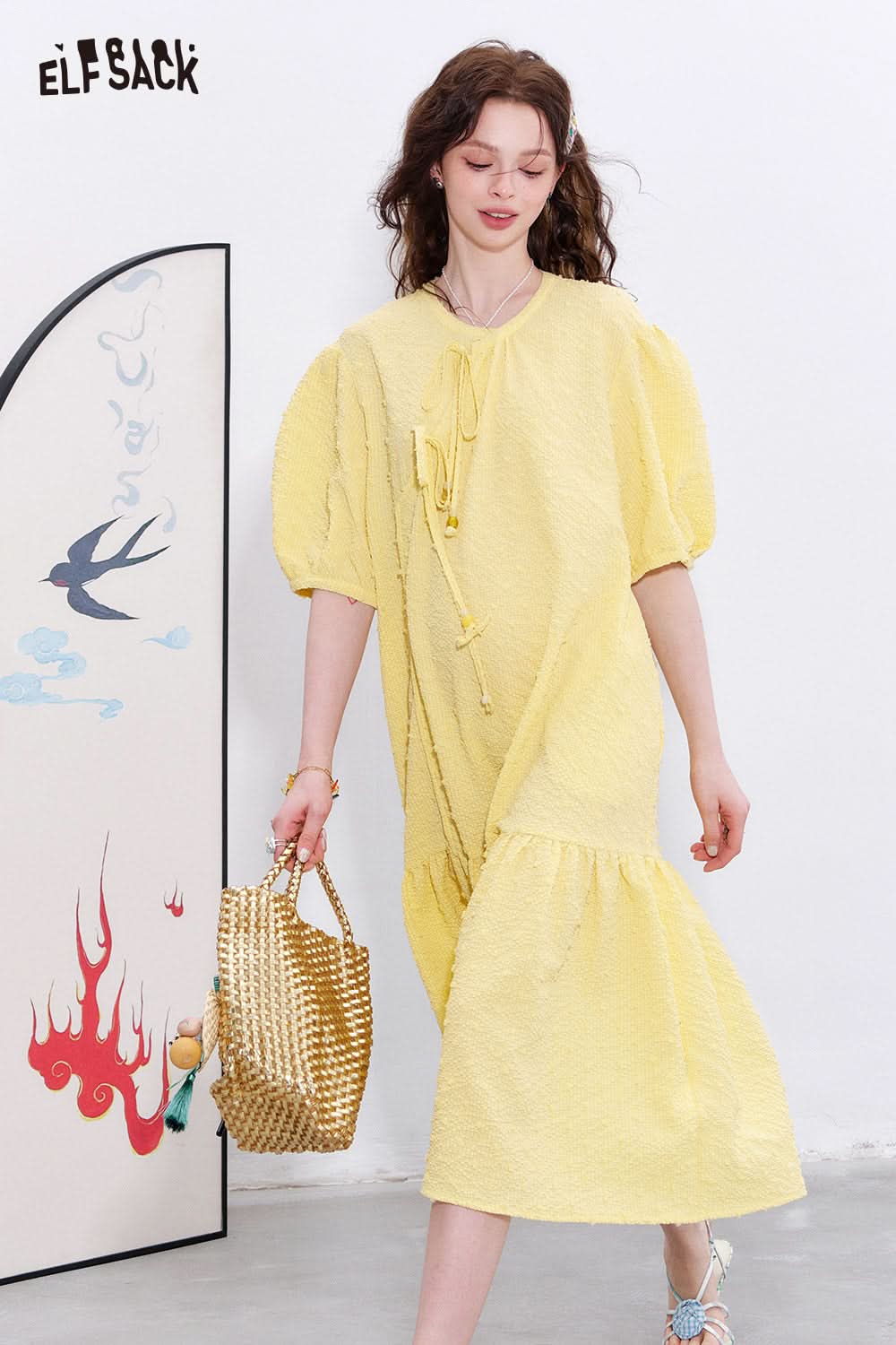 ELFSACK French court style bubble sleeve dress, feminine vacation princess dress