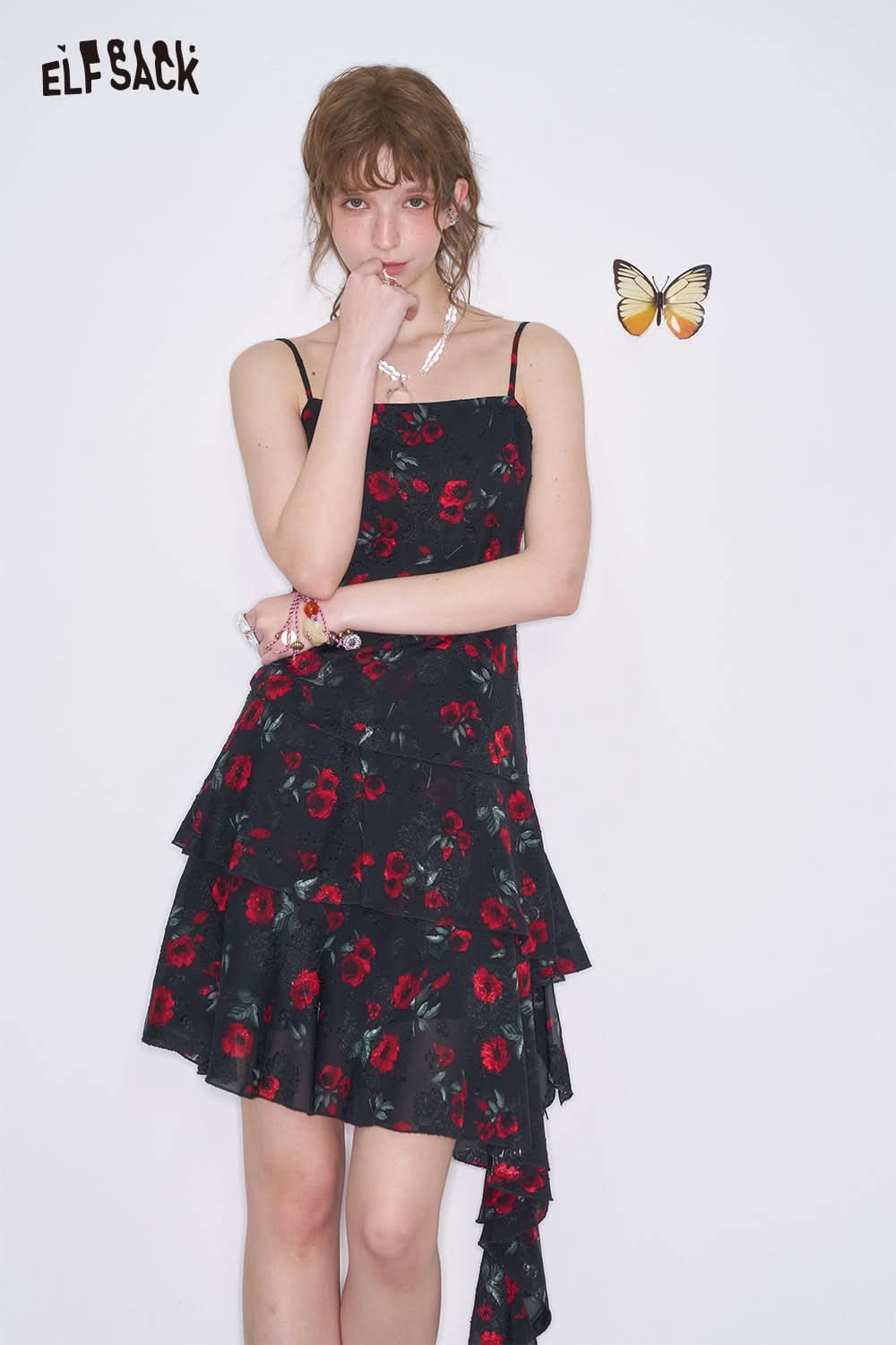 ELFSACK Sweet Cool Black Floral Strap Dresses Women's Asymmetrical Pleated Ruffles Short Dress