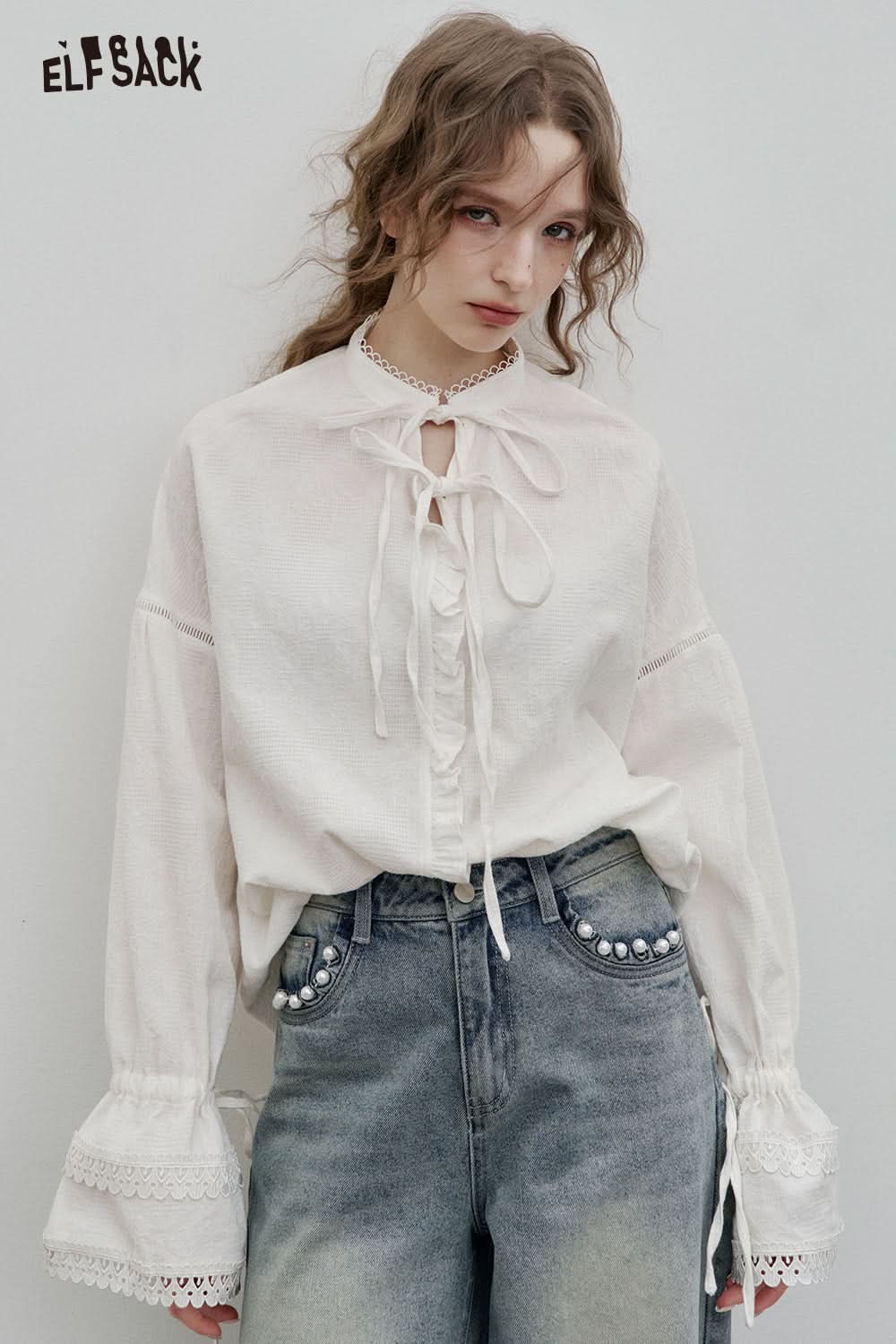 ELFSACK Jacquard Cotton Trumpet Sleeve White Shirt Women Elegant Lace-up Hollow Top