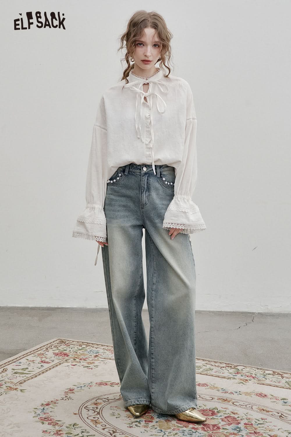 ELFSACK Jacquard Cotton Trumpet Sleeve White Shirt Women Elegant Lace-up Hollow Top