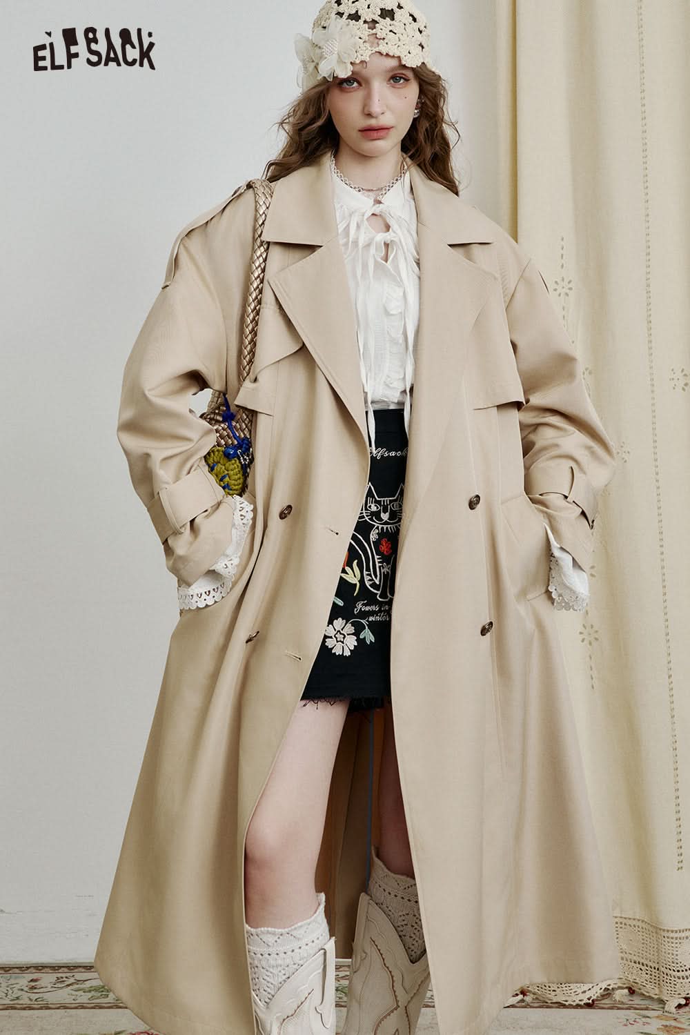 ELFSACK Jacquard Cotton Trumpet Sleeve White Shirt Women Elegant Lace-up Hollow Top