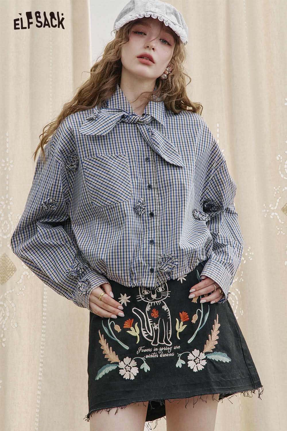 ELFSACK Three-dimensional Flowers Blue Plaid Long Sleeve Shirt Women POLO Collar Single Breasted Long Sleeve Top