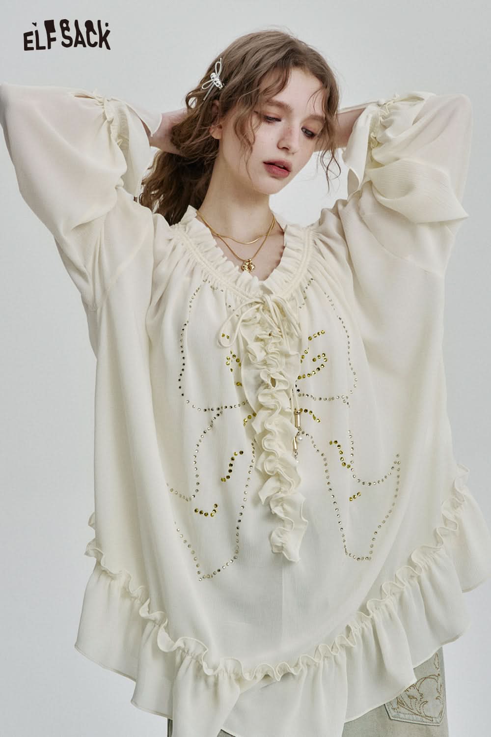ELFSACK Elegant bow diamond lace chiffon shirt women retro pleated loose top