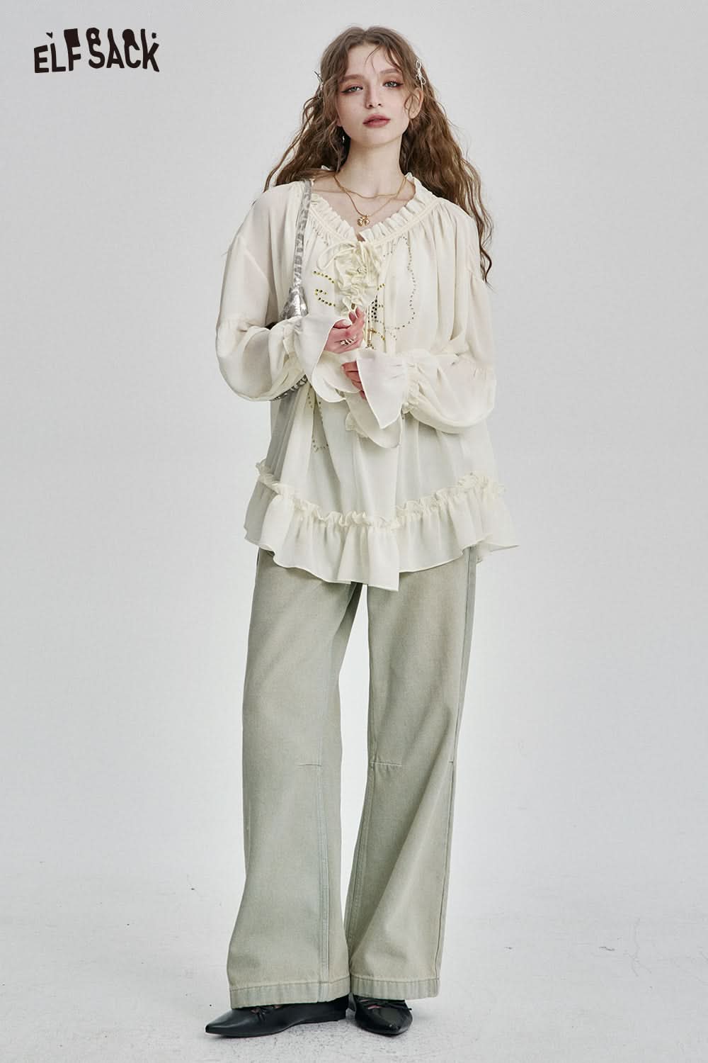 ELFSACK Elegant bow diamond lace chiffon shirt women retro pleated loose top