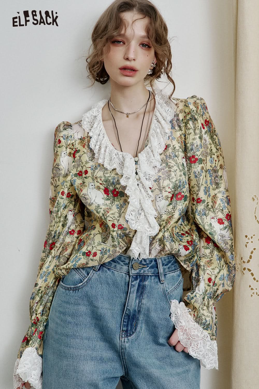 ELFSACK French V-neck Printed Lace Shirt Women's Elegant Retro Tops