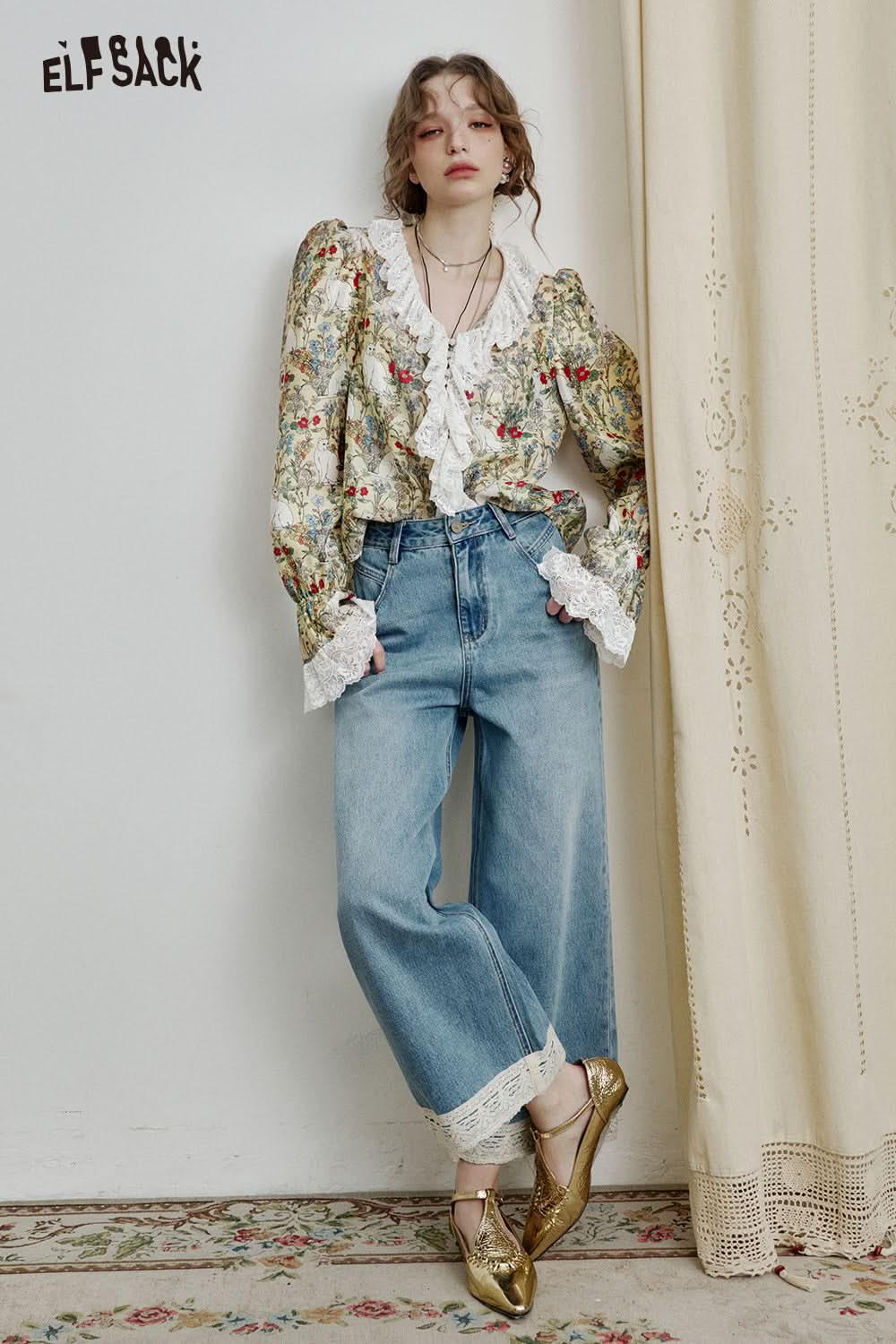 ELFSACK French V-neck Printed Lace Shirt Women's Elegant Retro Tops