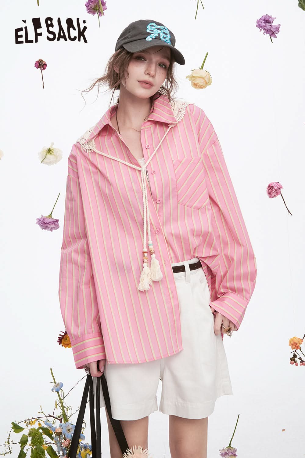 ELFSACK Y2K Dopamine Striped Long Sleeve Shirt Women Sweet Loose Knitted Lace-up Decorative Scarf Top