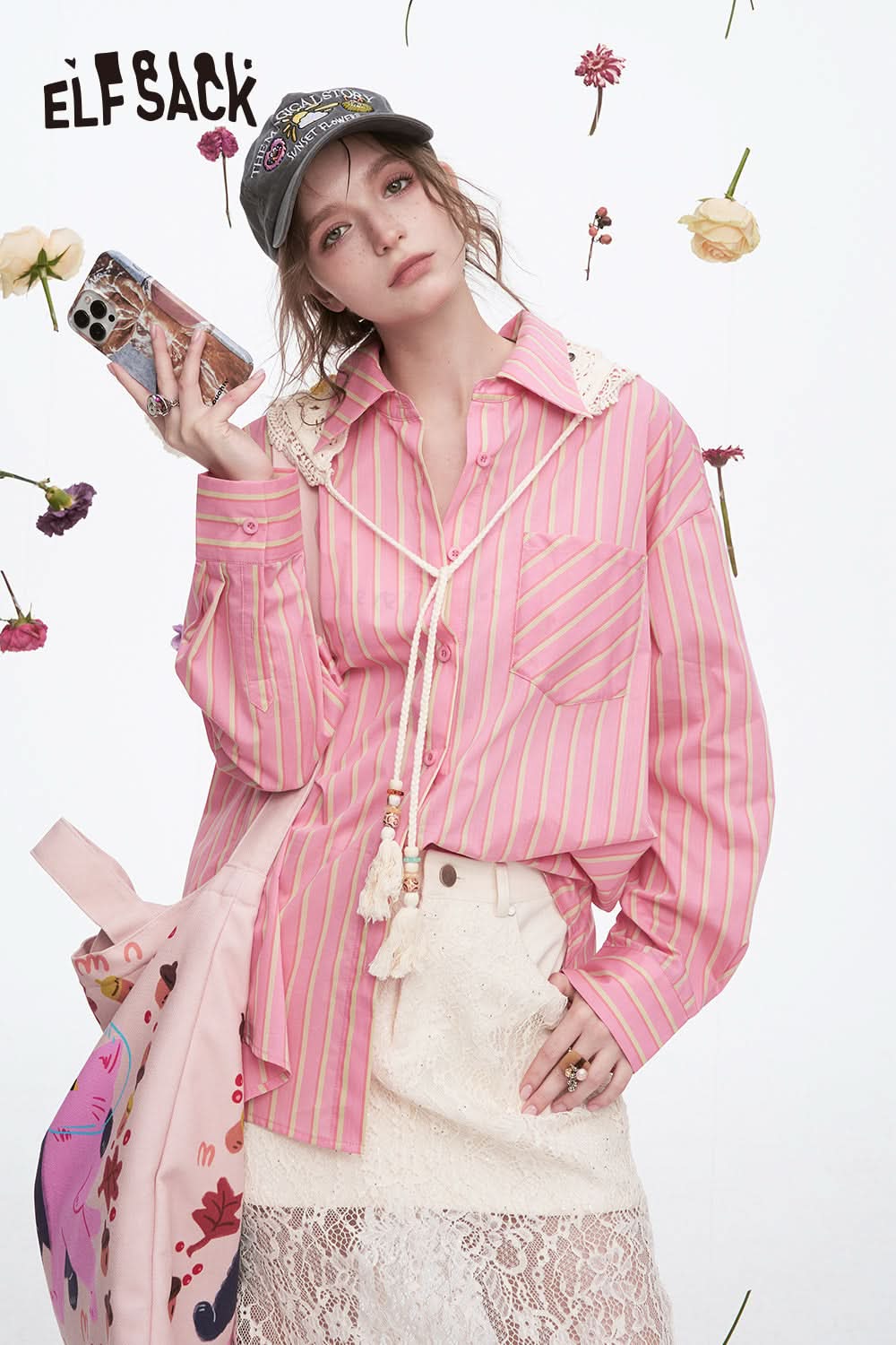 ELFSACK Y2K Dopamine Striped Long Sleeve Shirt Women Sweet Loose Knitted Lace-up Decorative Scarf Top