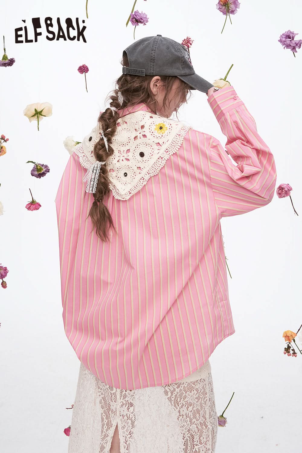 ELFSACK Y2K Dopamine Striped Long Sleeve Shirt Women Sweet Loose Knitted Lace-up Decorative Scarf Top