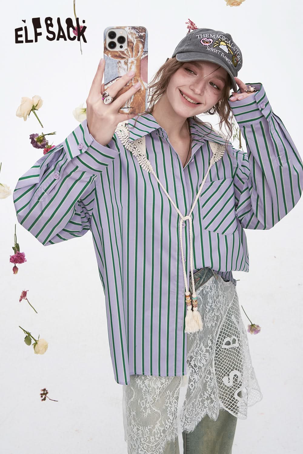 ELFSACK Y2K Dopamine Striped Long Sleeve Shirt Women Sweet Loose Knitted Lace-up Decorative Scarf Top