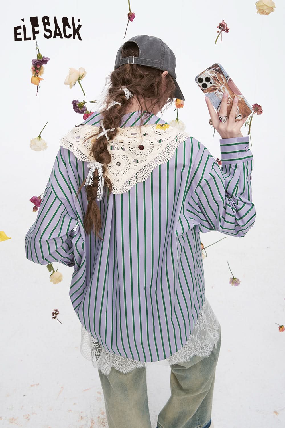 ELFSACK Y2K Dopamine Striped Long Sleeve Shirt Women Sweet Loose Knitted Lace-up Decorative Scarf Top