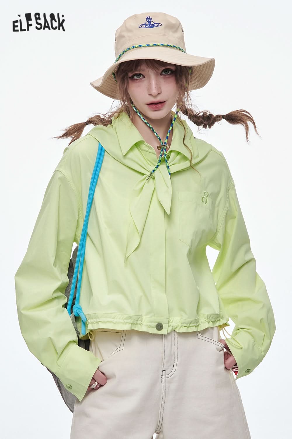 ELFSACK Sweet Green Embroidered Short Shirt Women's Drawstring Single Breasted Top