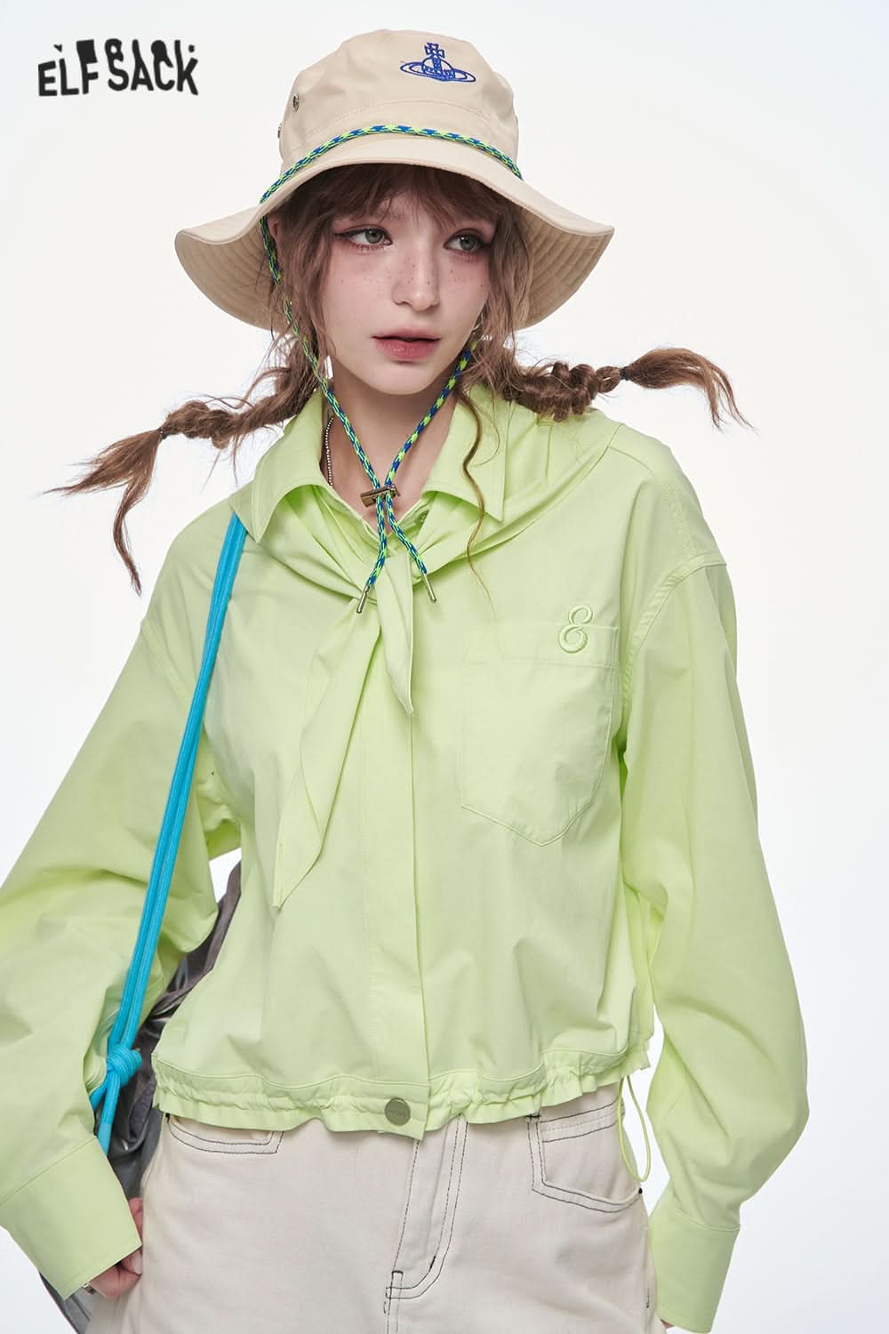 ELFSACK Sweet Green Embroidered Short Shirt Women's Drawstring Single Breasted Top