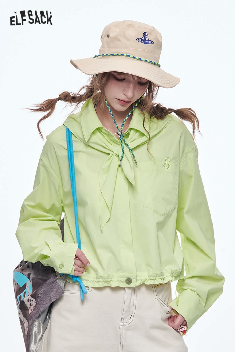 ELFSACK Sweet Green Embroidered Short Shirt Women's Drawstring Single Breasted Top