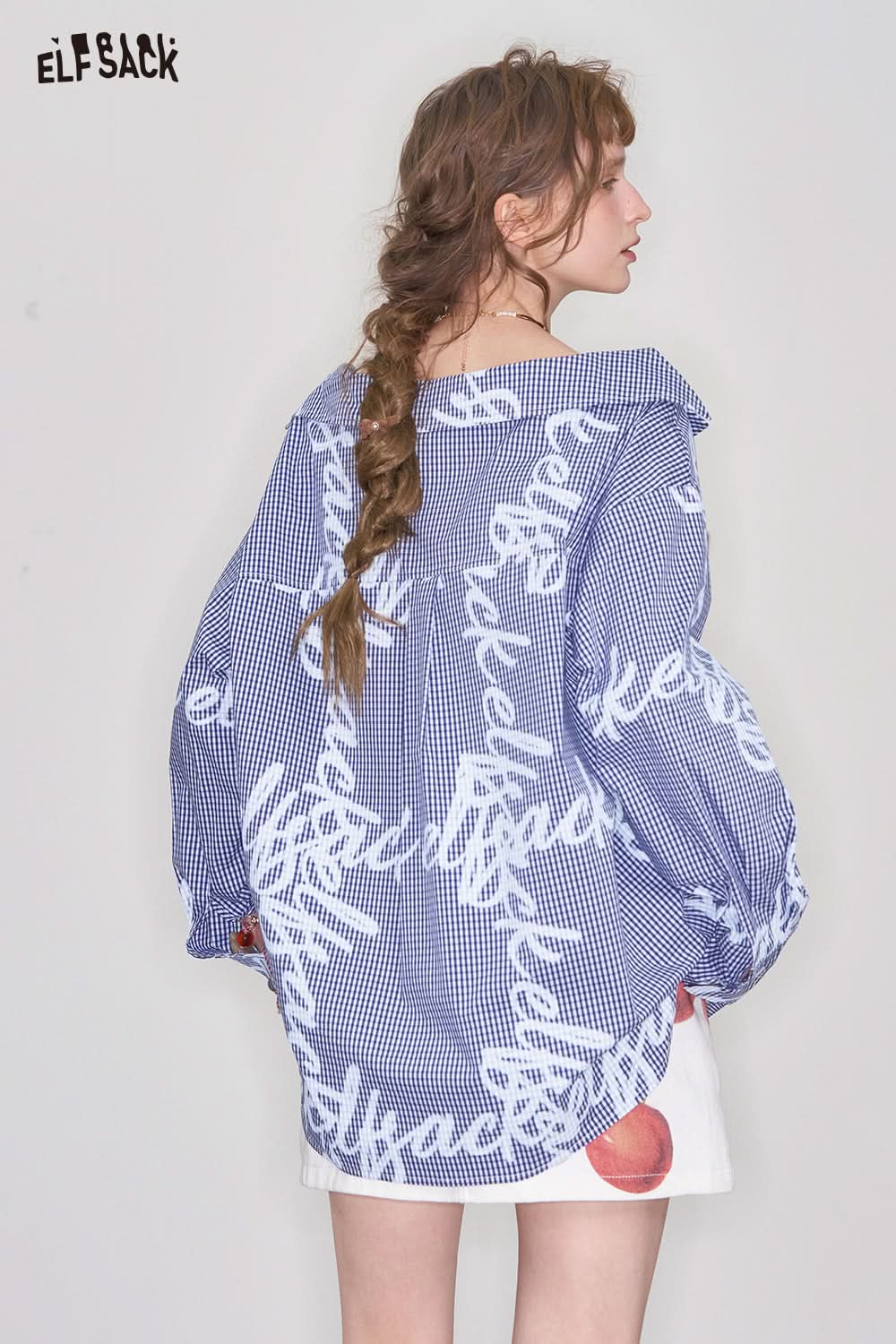 ELFSACK Y2K Blue Graffiti Print Plaid Shirt Women Loose Single Breasted Long Sleeve Tops