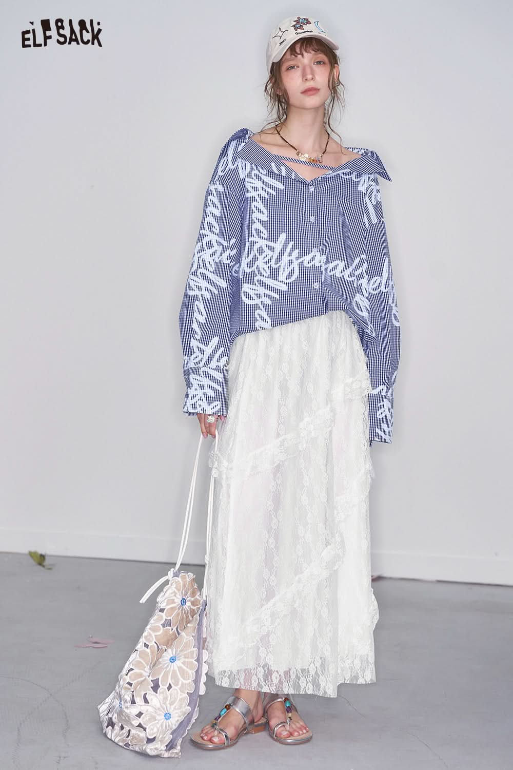 ELFSACK Y2K Blue Graffiti Print Plaid Shirt Women Loose Single Breasted Long Sleeve Tops