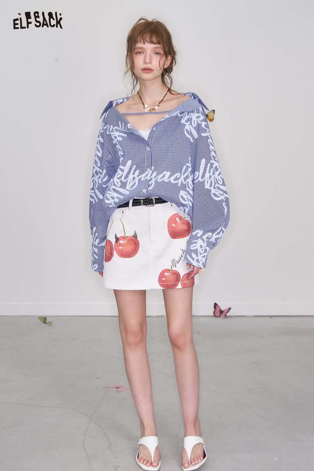 ELFSACK Y2K Blue Graffiti Print Plaid Shirt Women Loose Single Breasted Long Sleeve Tops