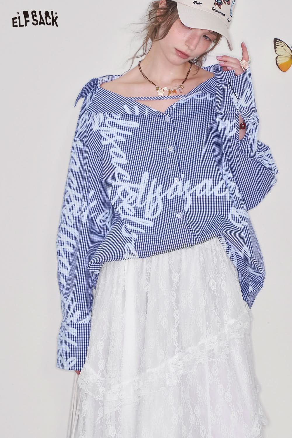 ELFSACK Y2K Blue Graffiti Print Plaid Shirt Women Loose Single Breasted Long Sleeve Tops