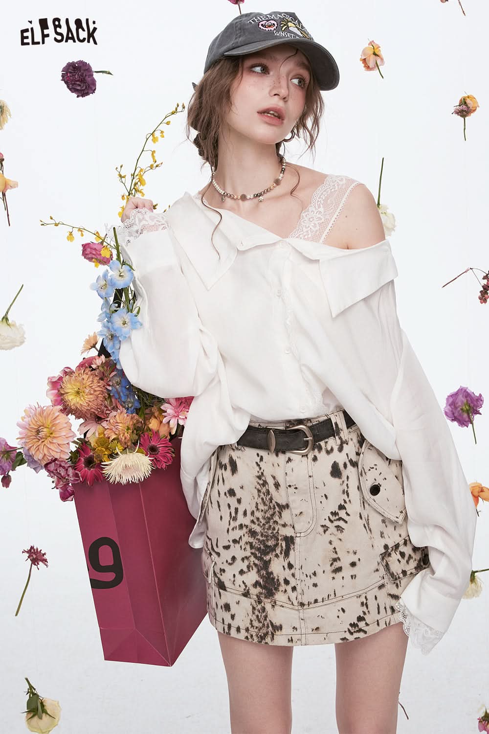 ELFSACK Y2K Lace Stitching White Off Shoulder Long Sleeve Shirt Women Slash Neck Single Breasted Top