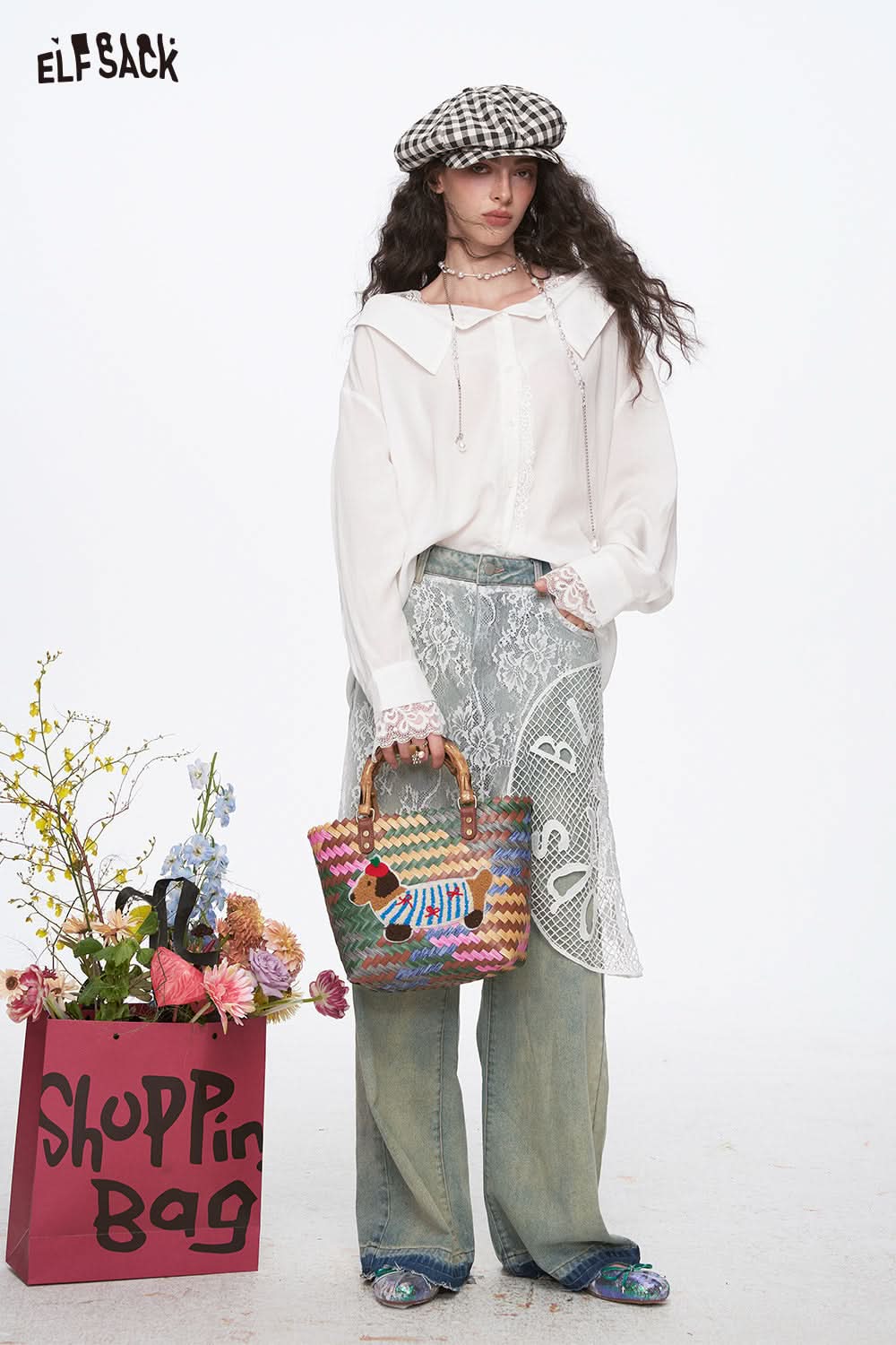 ELFSACK Y2K Lace Stitching White Off Shoulder Long Sleeve Shirt Women Slash Neck Single Breasted Top