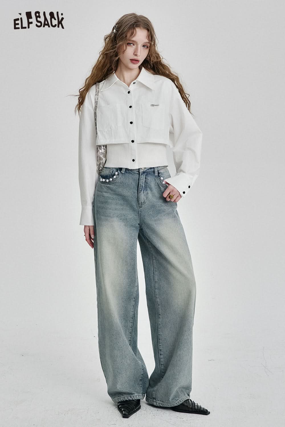 ELFSACK Solid Fake Two-piece Splicing Single Breasted Shirt Women
