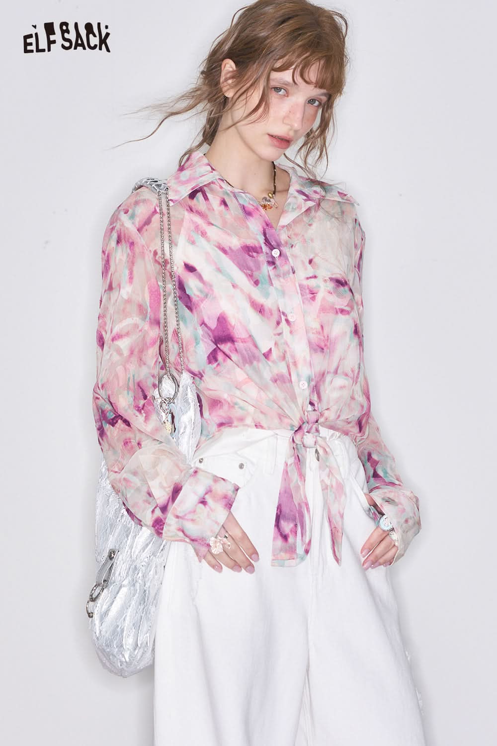 ELFSACK Retro Floral Thin Lace Shirt Women's Sweet Chiffon Casual Top