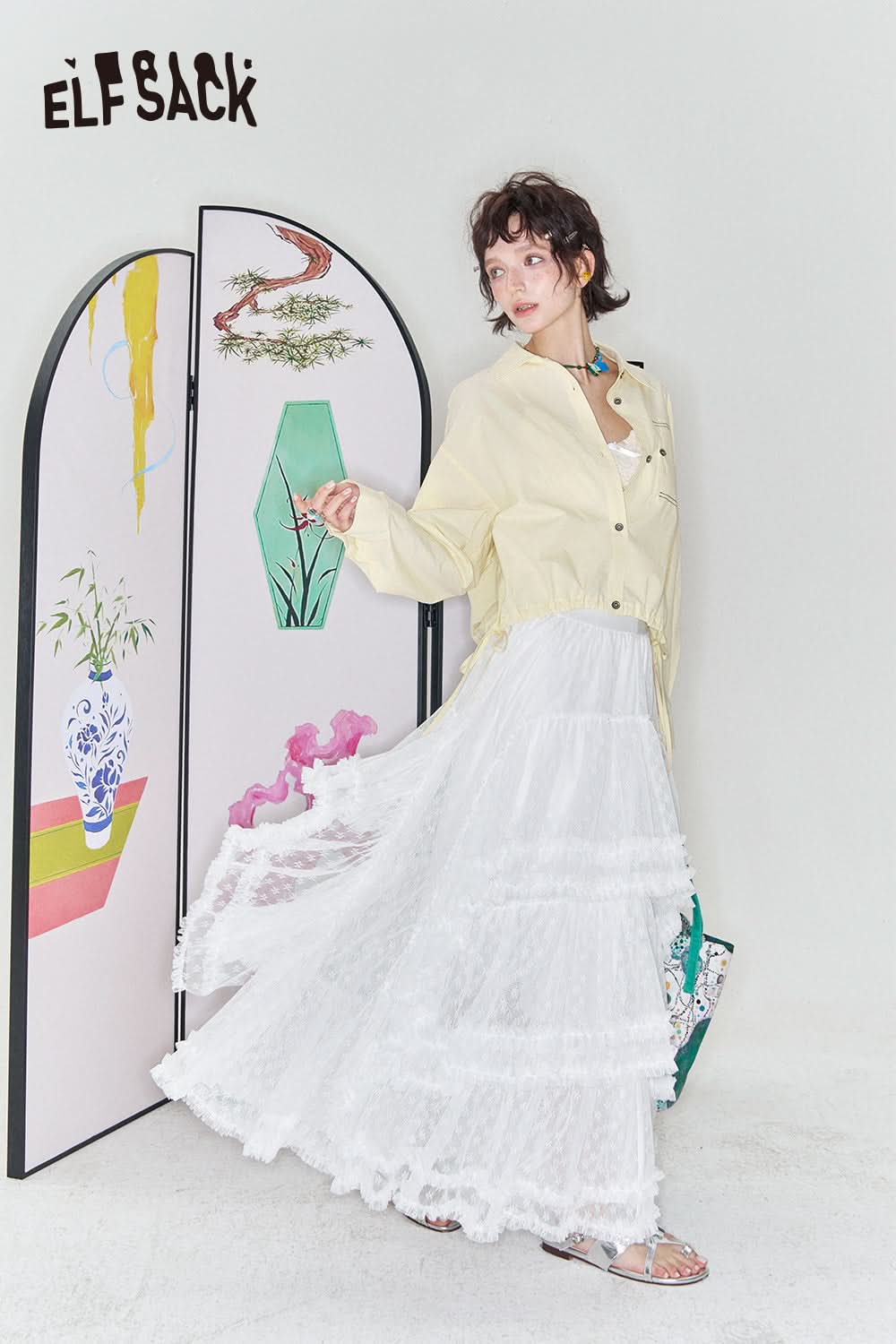 ELFSACK Casual versatile shirt with drawstring short thin jacket top