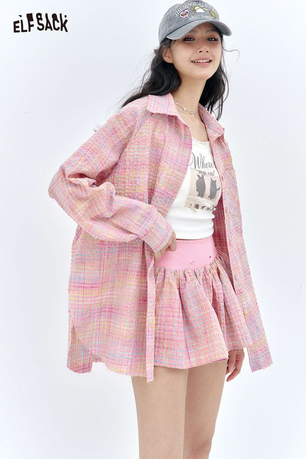 ELFSACK Dopamine plaid shirt skirt pants two-piece set