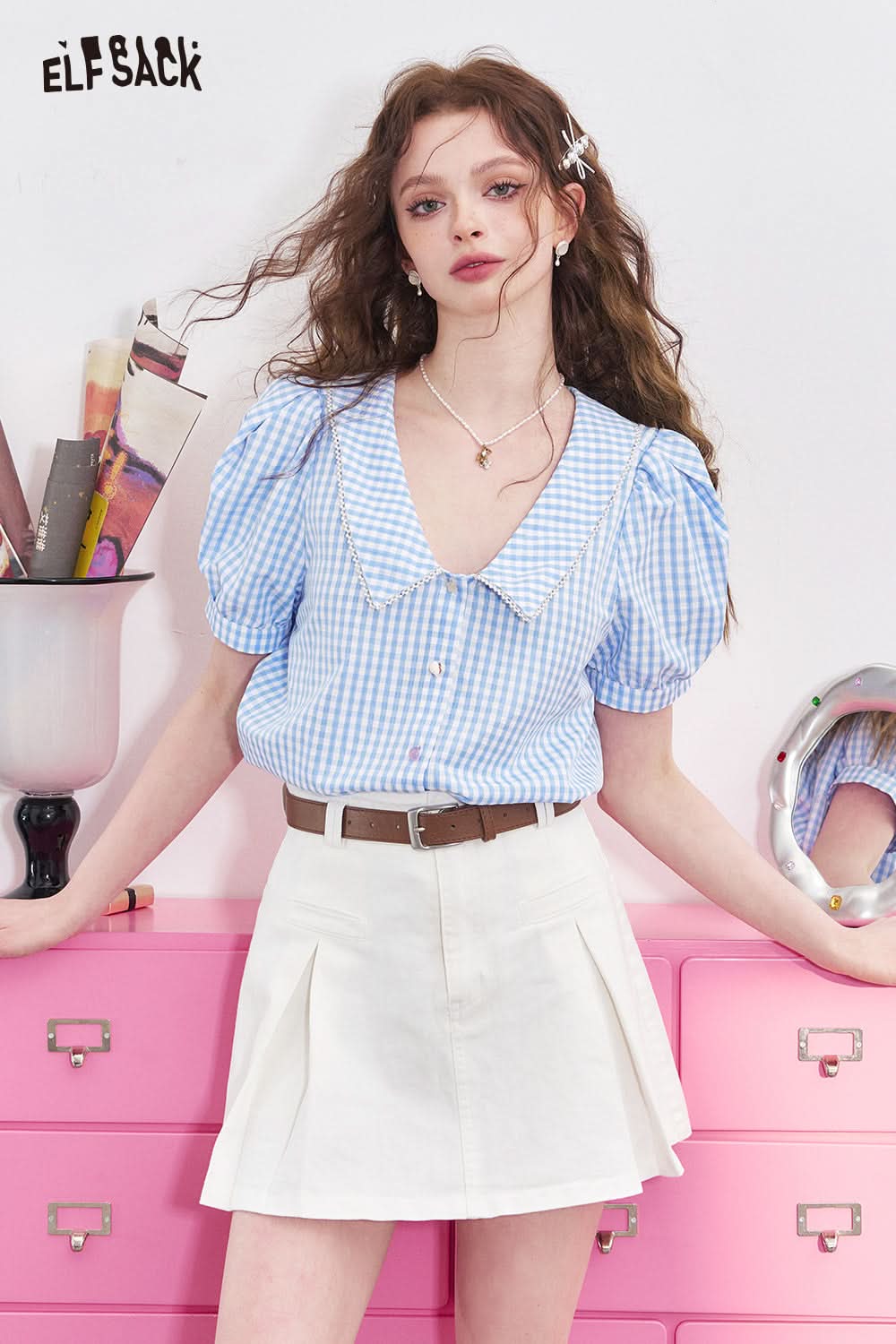ELFSACK Blue and white checkered bubble sleeve short sleeved shirt with women's lace patchwork