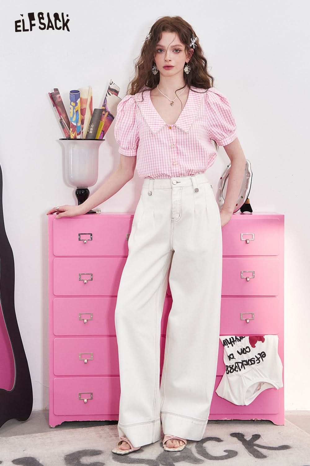 ELFSACK Blue and white checkered bubble sleeve short sleeved shirt with women's lace patchwork