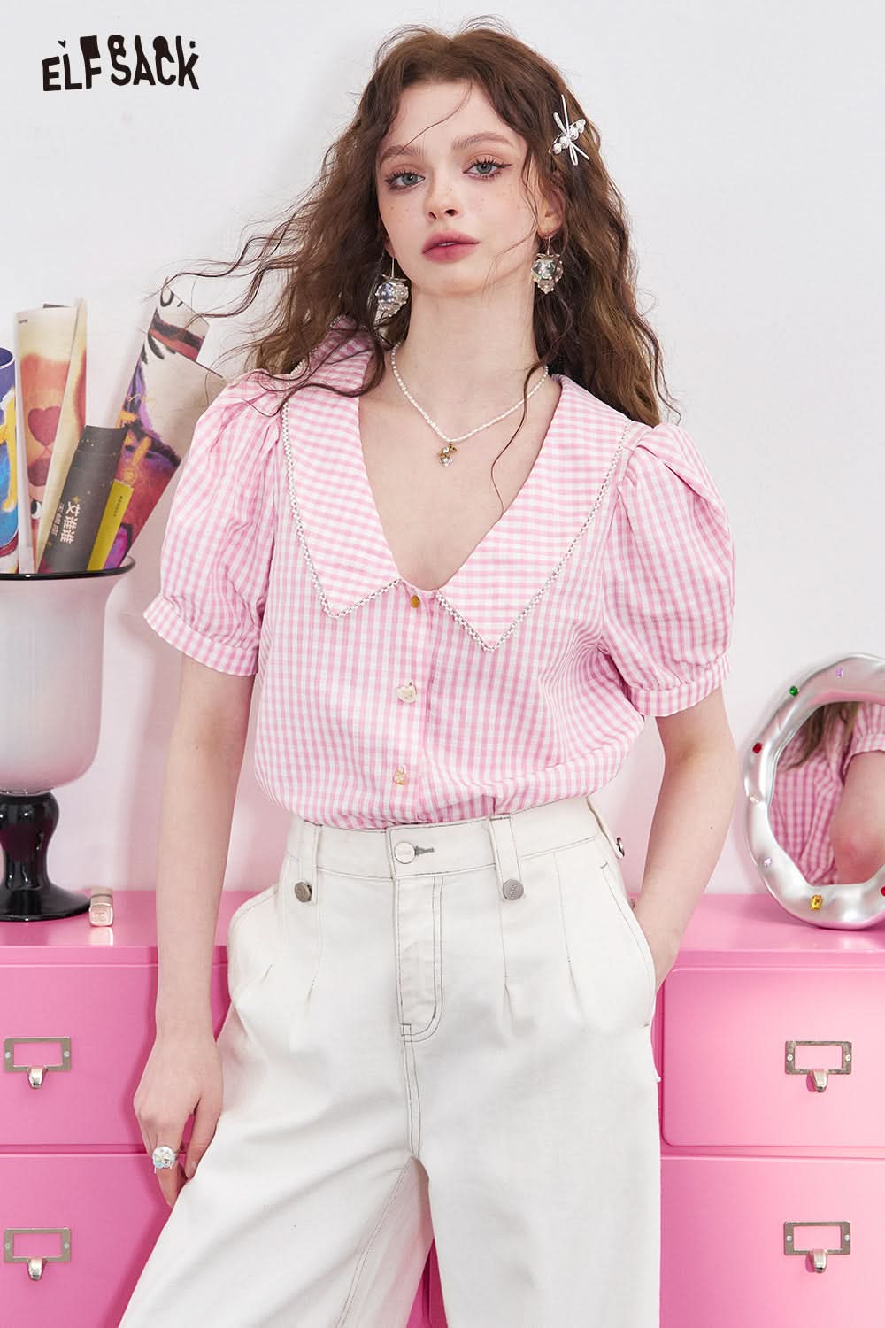 ELFSACK Blue and white checkered bubble sleeve short sleeved shirt with women's lace patchwork