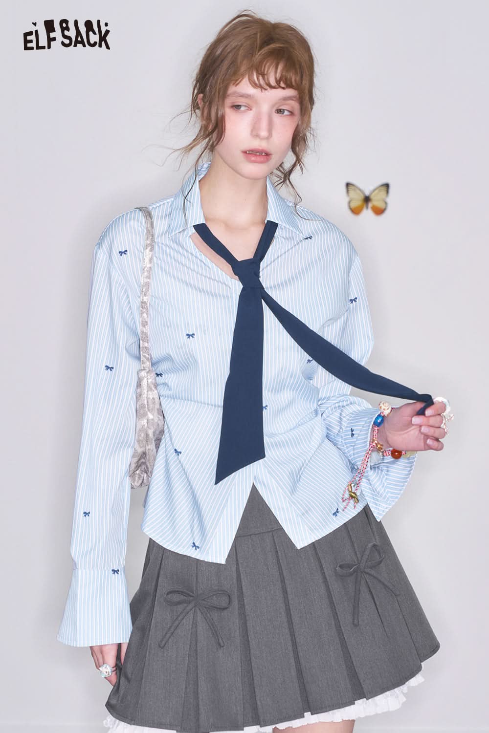 ELFSACK Blue White Striped Butterfly Embroidery Shirt Women Preppy Style Slim Fit Single Breasted Top